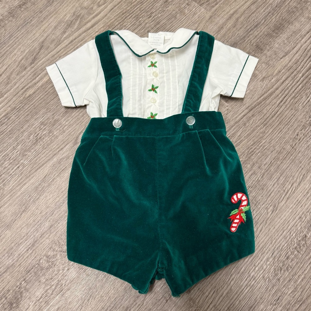 Vintage Christmas Infant Boys Green Velvet Suspender Shorts Holly Shirt Set 6-9M